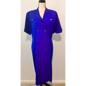 Jos A. Banks Vintage 1990's Blue Short Sleeve V-Neck Collar Long Dress, 12